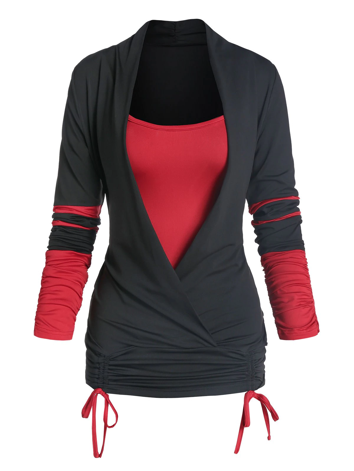 Cinched Contrast Striped Faux Twinset T-shirt