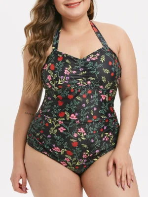 Halter Plant Print Ruched Plus Size One-piece Swimsuit