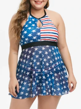 Plus Size American Flag Print Keyhole Tankini Swimsuit