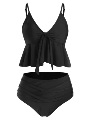 Knot Front Skirted High Waisted Tankini Swimwear