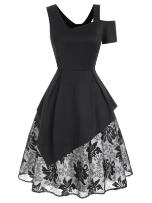 Skew Neck Lace Insert Asymmetrical Overlay Dress