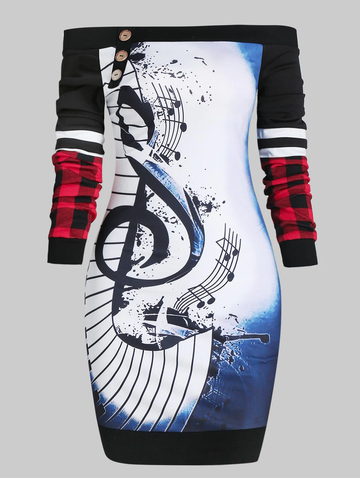 Musical Notes Print Skew Neck Bodycon Dress
