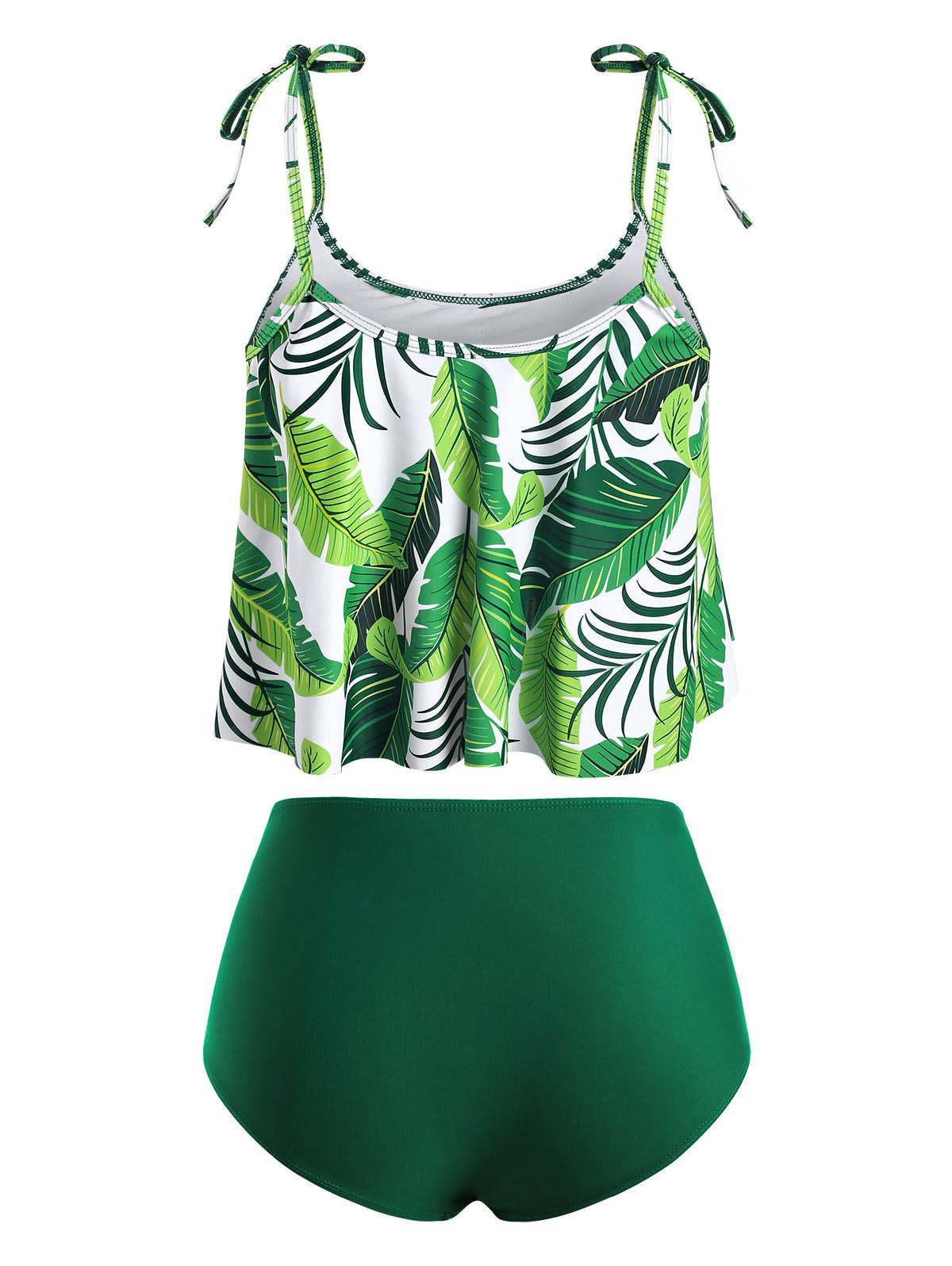 High Waisted Tie Shoulder Ruched Leaves Print Tankini Swimsuit