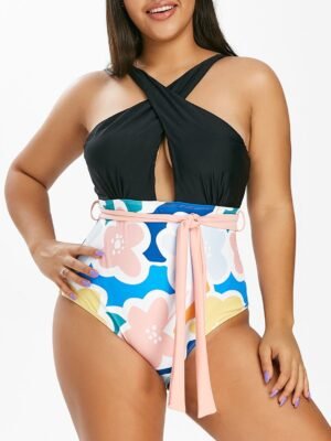 Plus Size Floral Print Crisscross Cutout One-piece Swimsuit