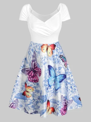 Butterfly and Flowers Print Ruched Flare Dress