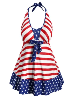 Plus Size Bowknot Halter Patriotic American Tankini Swimwear