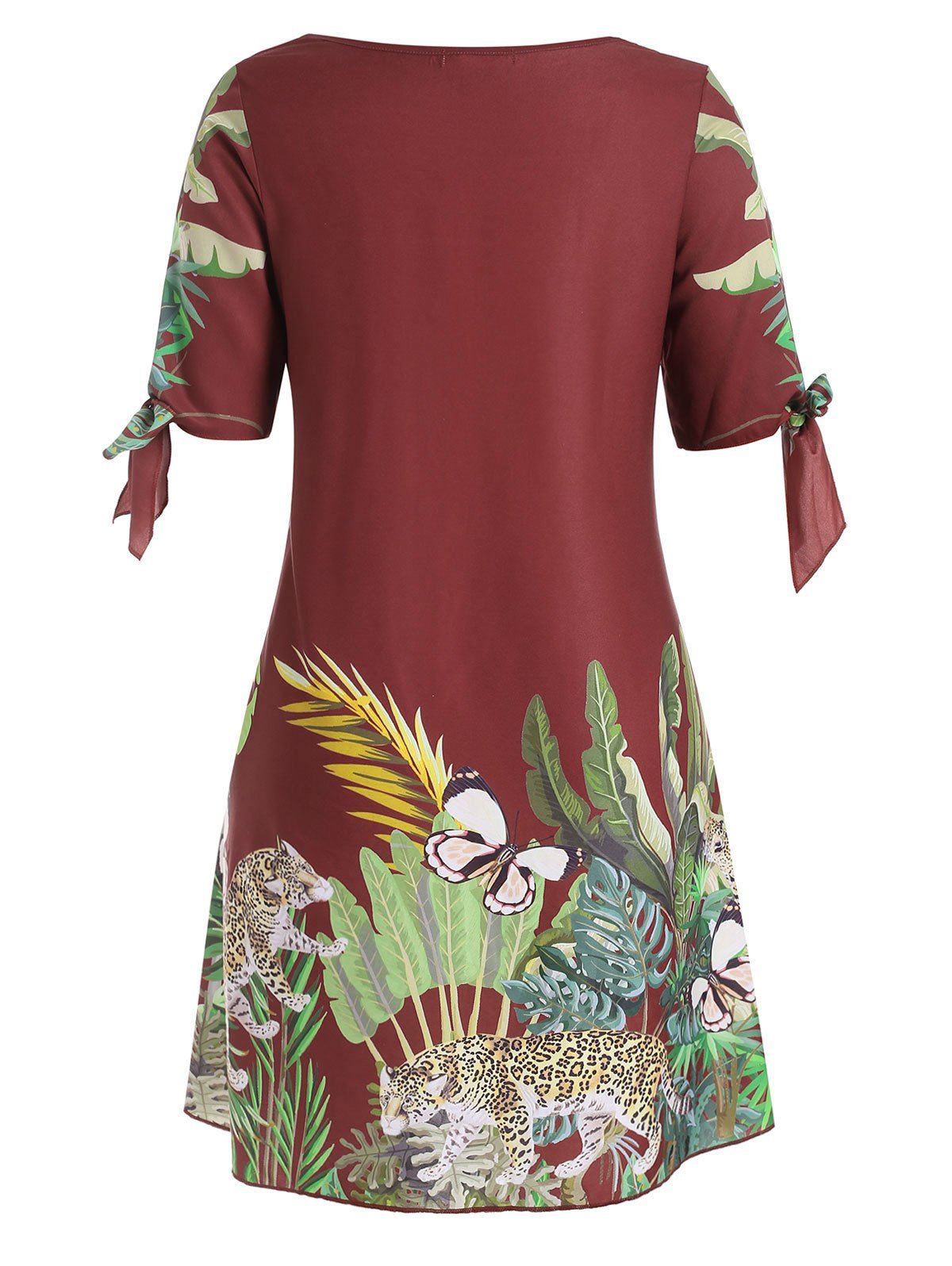 Buttoned Leopard Leaves Butterfly Tie Split Sleeve Plus Size Dre