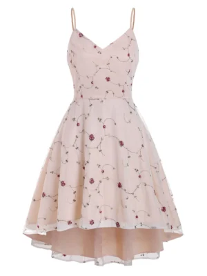 Flower Embroidered Lace Overlay High Low Party Dress