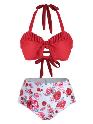 Plus Size Ruffled Cutout Tie Front Floral Bikini Swimwear