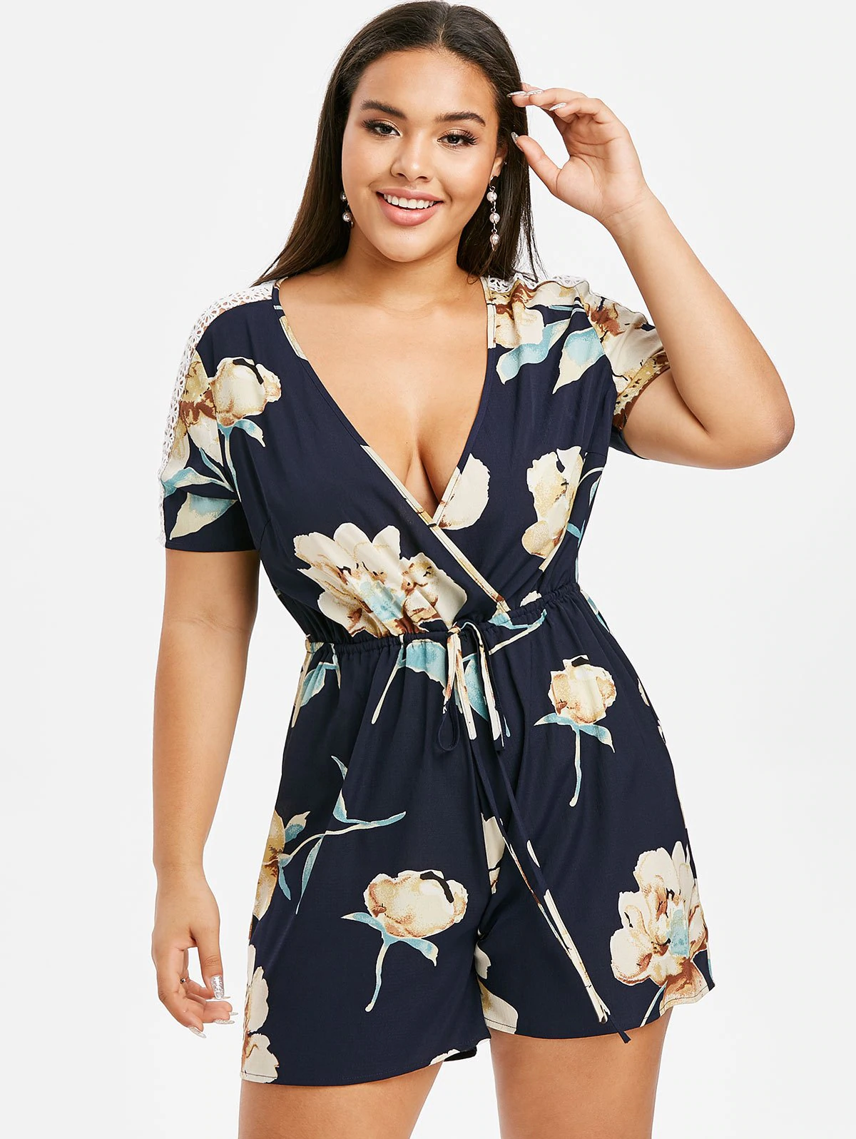 Plus Size Flower Crochet Insert Surplice Romper