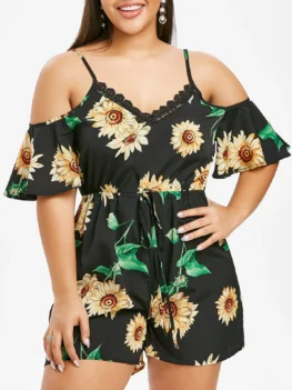 Plus Size Sunflower Open Shoulder Drawstring Tie Romper