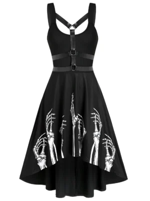 Skeleton Print Harness Insert High Low Dress