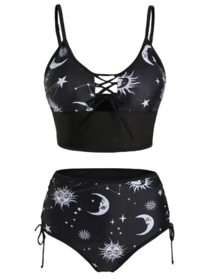 Sun Moon Star Print Criss-cross Bikini Swimwear