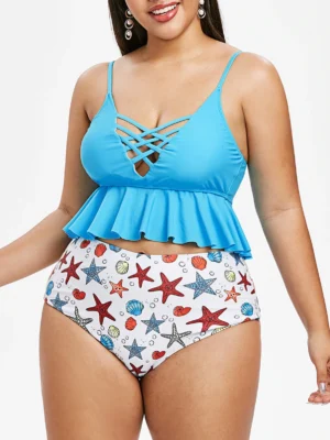 Plus Size Crisscross Starfish Printed Cami Tankini Swimsuit