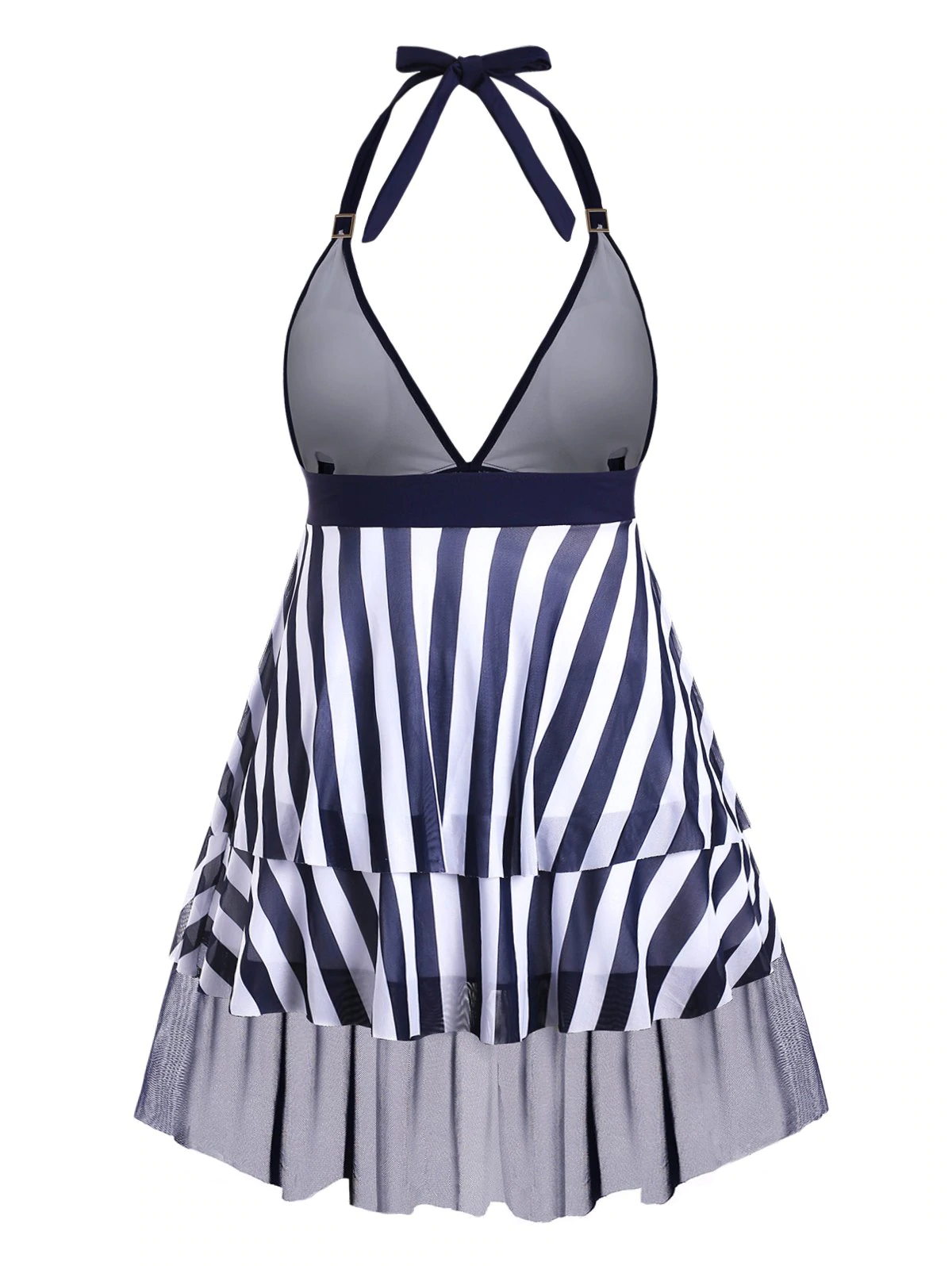 Plus Size Halter Striped Mesh Insert Tiered Tankini Swimwear