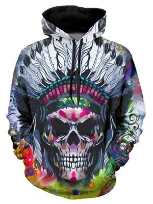 Indian Skull Graphic Casual Front Pocket Hoodie