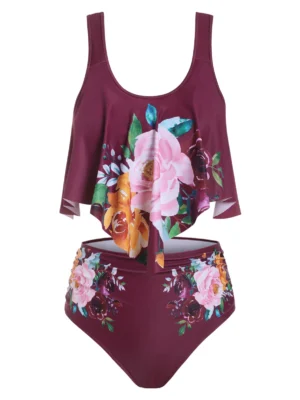 Floral Print Ruched Overlay Tankini Swimwear