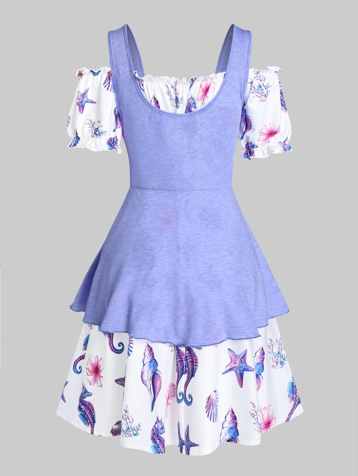 Shells Print Off The Shoulder Dress and Peplum Tank Top