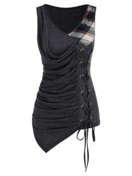 V Neck Ruched Plaid Panel Asymmetrical Tank Top
