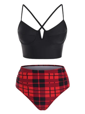 V-notch Plaid Crisscross Ruched Underwire Bikini Swimwear