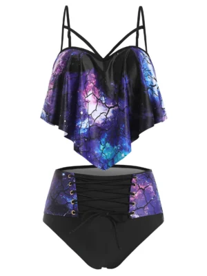 Flounce Push Up Lace-up Galaxy Print Tankini Swimwear