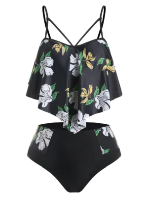 Plus Size Floral Print Cutout Tankini Swimwear