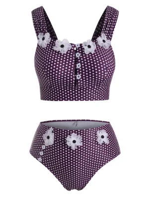 Polka Dot Buttoned Floral Applique Plus Size Tankini Swimwear