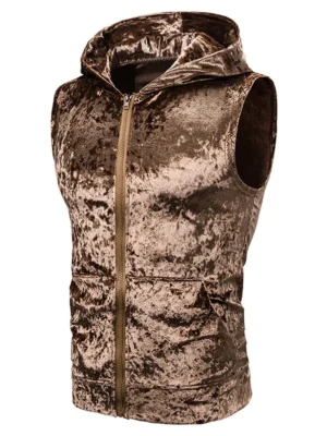 Zip Up Front Pocket Hooded Velvet Vest