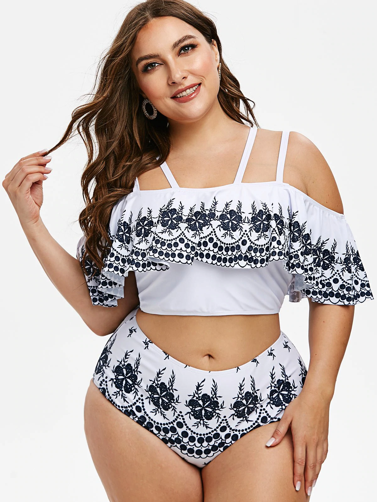 Printed Strappy Flounces Cold Shoulder Plus Size Two Piece Swimw