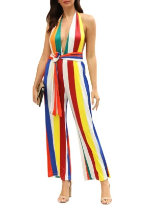 Roman Stripes Print Halter Belted Jumpsuit