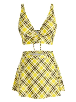 Plus Size Low Cut Plaid Skirted Tankini Swimwear