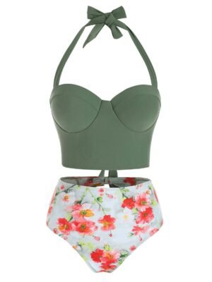 Floral Print Cutout Push Up Tankini Swimsuit
