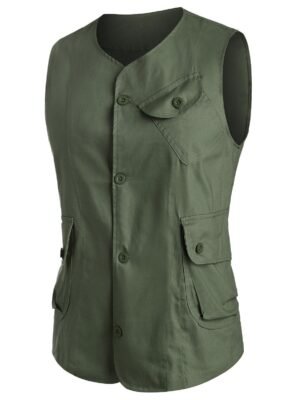 Plain Button Up Flap Pockets Fisher Vest