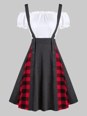 Plaid Print Buckle Strap Suspender Skirt and Plain Top