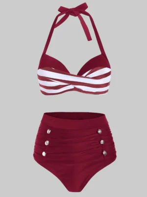 Striped Moulded Mock Button Tummy Control Bikini Swimwear