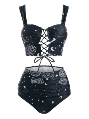 Sun Moon Star Print Lace Up Tummy Control Tankini Swimwear