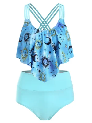 Sun Moon Star Print Flounce Overlay Scrunch Butt Tankini Swimwea