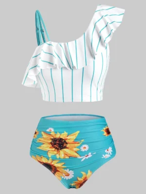 Striped Sunflower Print One Shoulder Tummy Control Tankini Swimwear