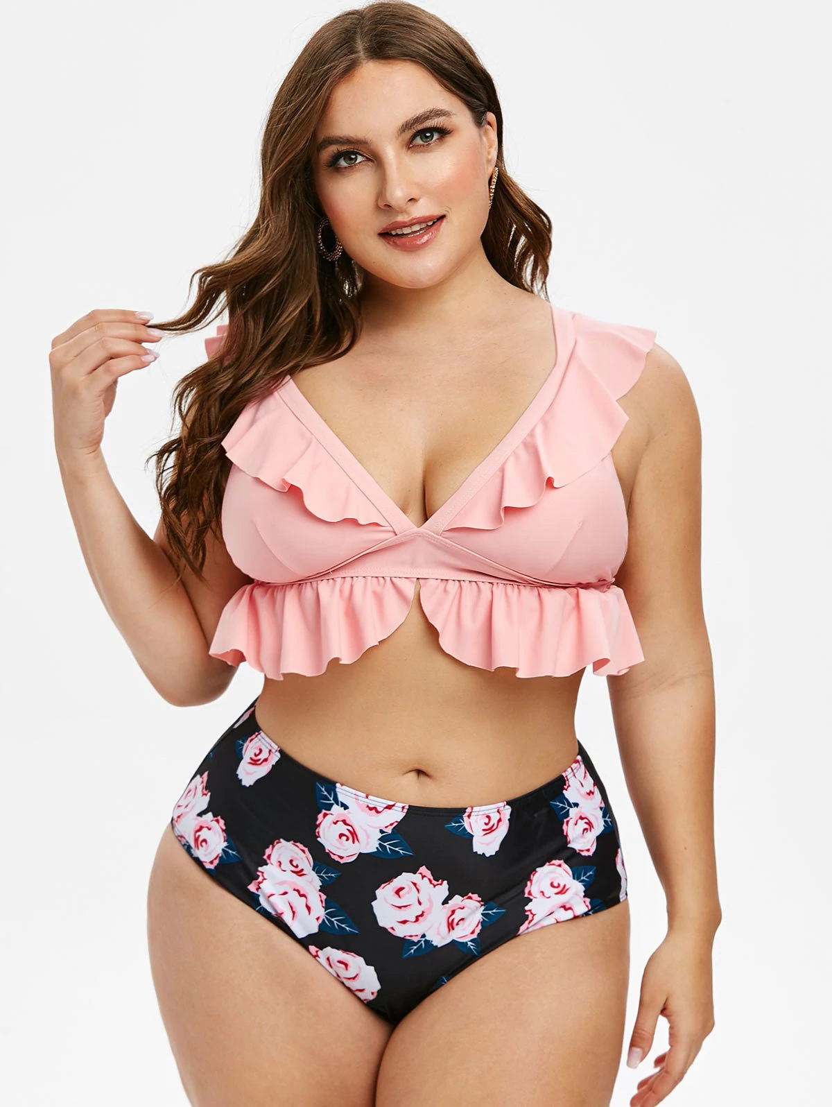 Plus Size Low Cut Ruffled Floral Print Tankini Swimwear