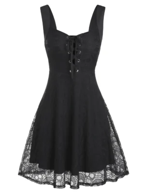Sleeveless Lace-up Skull Lace Dress