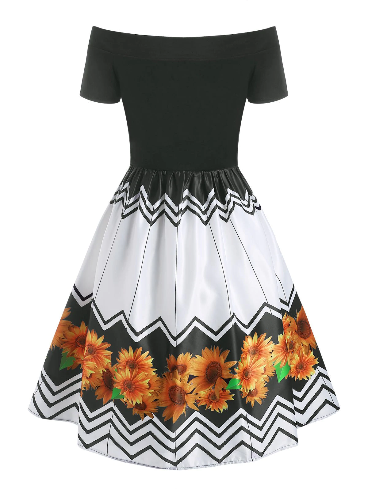 Sunflower Zigzag Off Shoulder Mock Button Dress