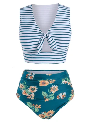 Striped Floral Knotted Two Piece Swimsuit