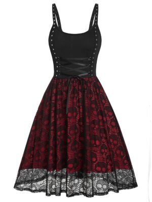 Skull Lace Panel Lace-up Sleeveless Dress
