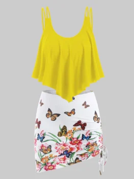 Plus Size Ruffled Butterfly Floral Print Three Piece Swimwear