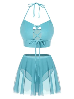 Plus Size Halter Lace Up Skirted Tankini Swimsuit