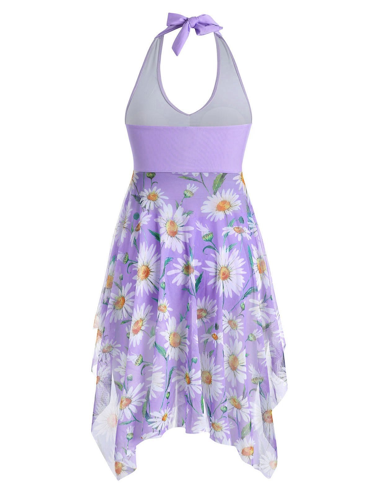 Plus Size Halter Sunflower Print Handkerchief Tankini Swimsuit