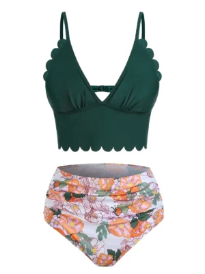 Low Cut Floral Print Scalloped Tankini Swimwear