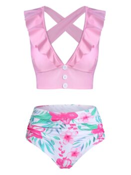 Floral Print Ruffled Cross Back Tankini Swimwear