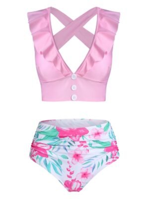 Floral Print Ruffled Cross Back Tankini Swimwear