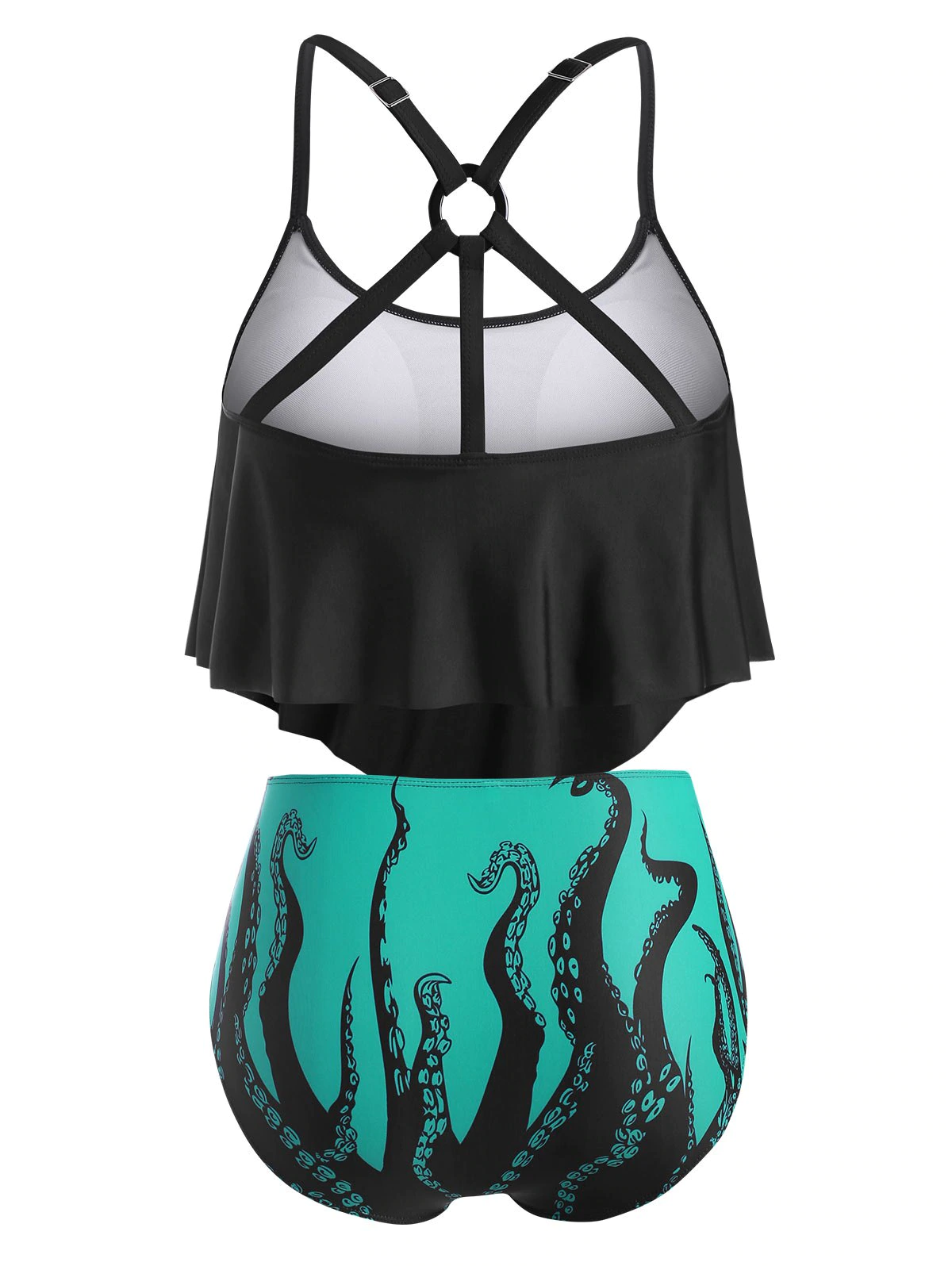 Plus Size Galaxy Octopus Print Ruffled O Ring Strappy Tankini Sw
